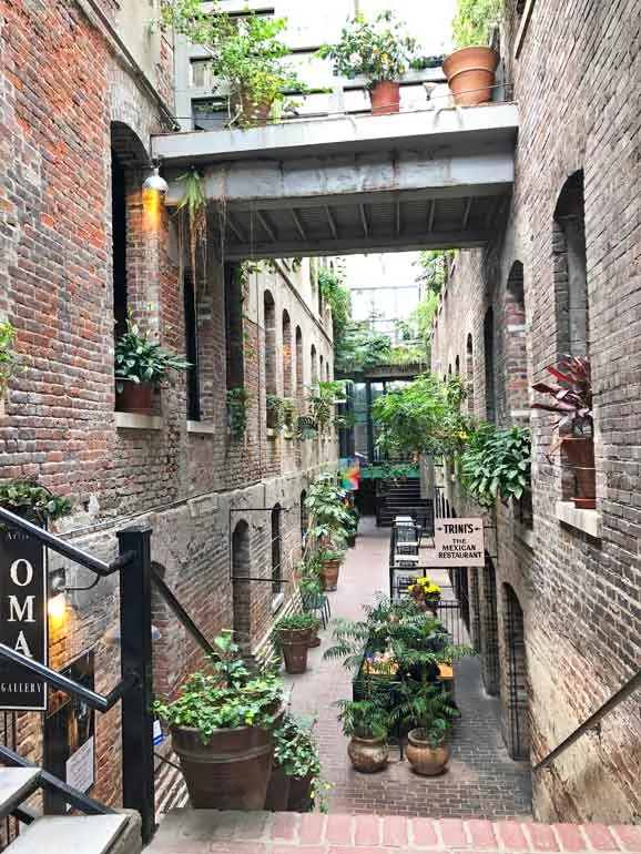 old market passageway with brick walls and plants