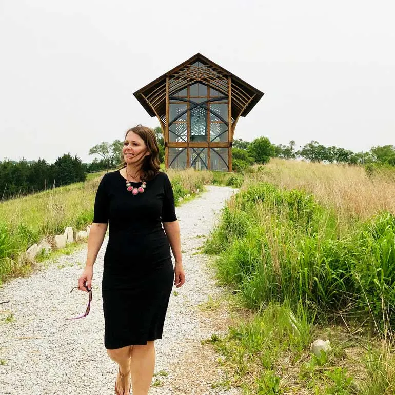 walking in front of the Holy Family Shrine Gretna Nebraska