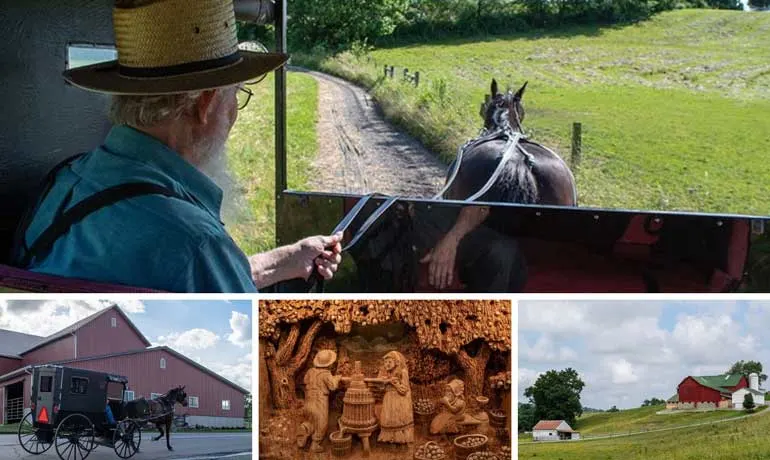 Amish Country Ohio collage horse and buggy, houses, wood carving