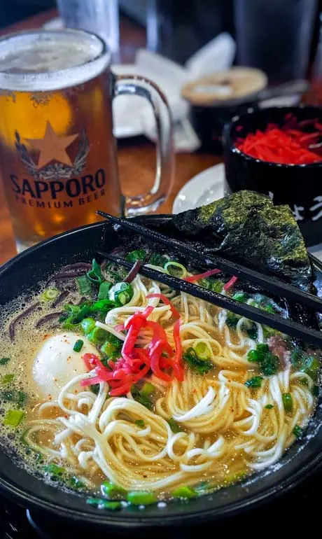 Ramen restaurant in Torrence, California plate of ramen and beer