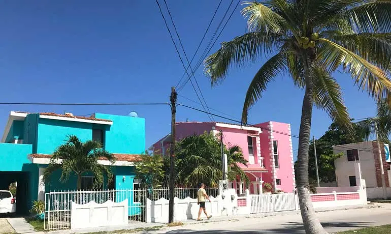 beach town in Mexico Puerto Morelos pink and blue house