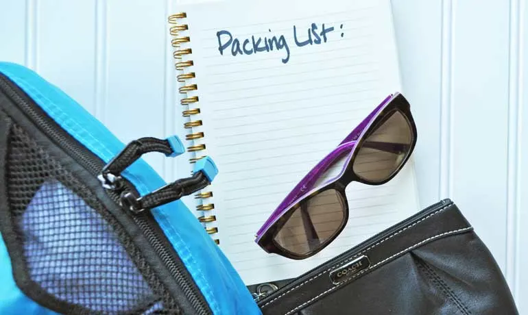 Packing list - sunglasses, wallet and packing cubes