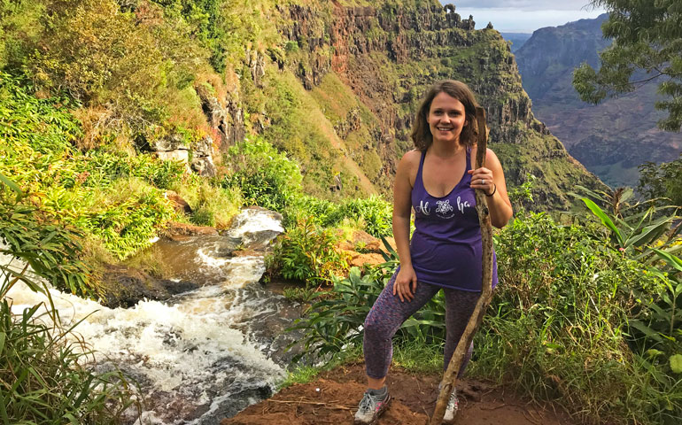 Waipoo Falls trail next to falls with canyon in background