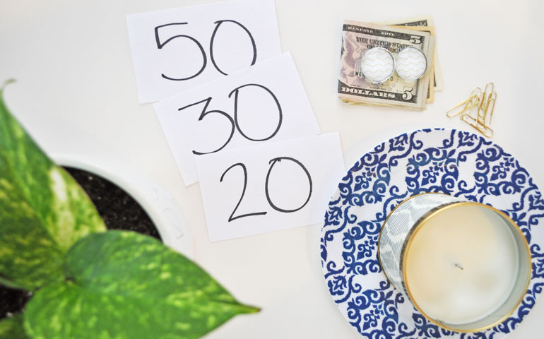 50 20 30 budget rule view of numbers plate with candle money plant