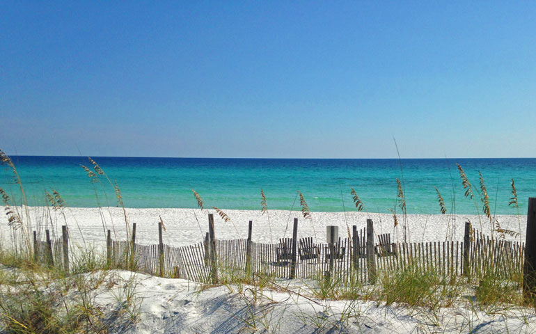 blue water and sky with sand dunes and grasses in Miramar Beach, best beaches in Florida for families 