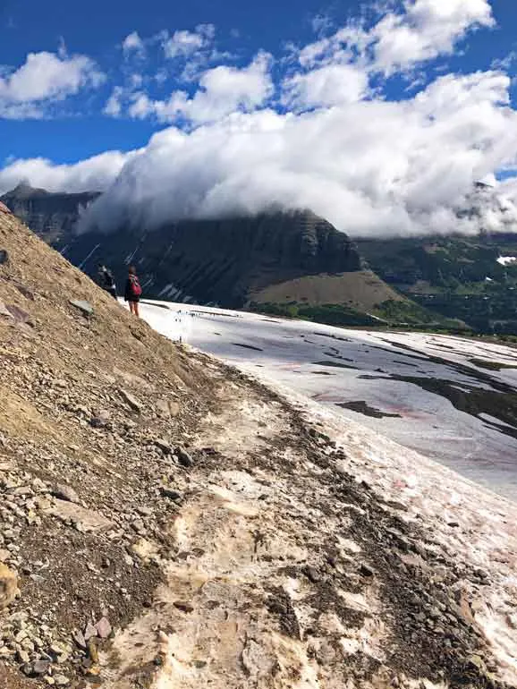 snow in the summertime while hiking in Montana