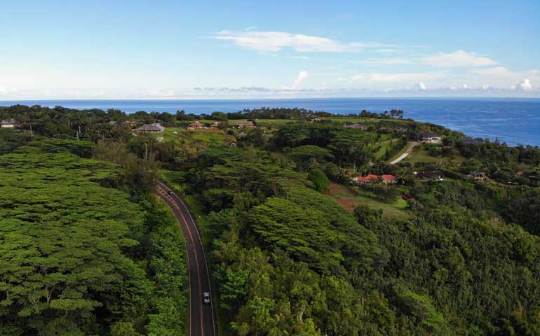 aerial shot of a road trip hawaii