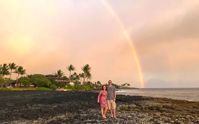 Kauai sunset spot with rainbow in background