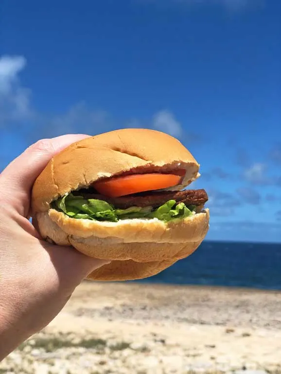 cheeseburger in foreground with sand and water in background