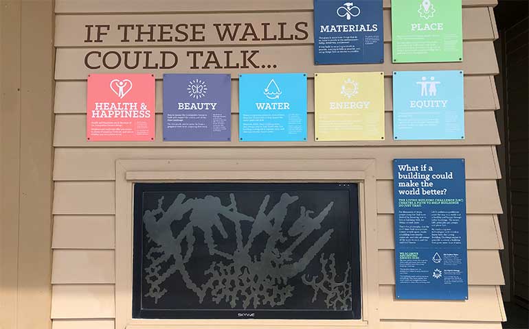 eco-friendly building signs on a wall including energy and water details, etc.