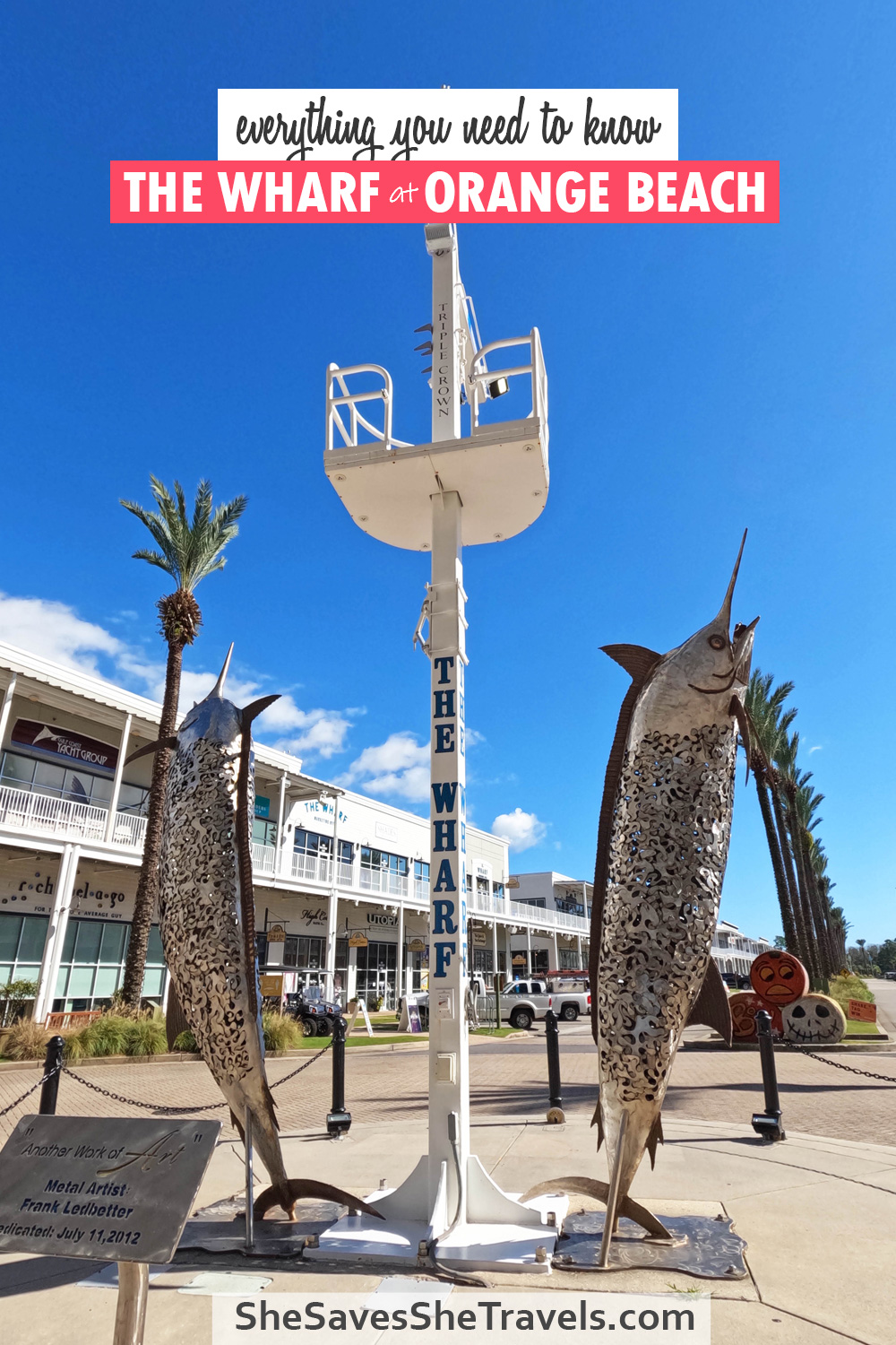 everything you need to know the wharf at orange beach photo of fish sculptures and palm trees