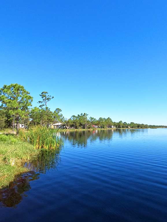 smooth lake with grassy coastline and blue sky on of the top things to do in orange beach alabama