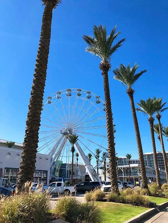 orange beach wharf Main Street with Ferris wheel, palm trees and buildings
