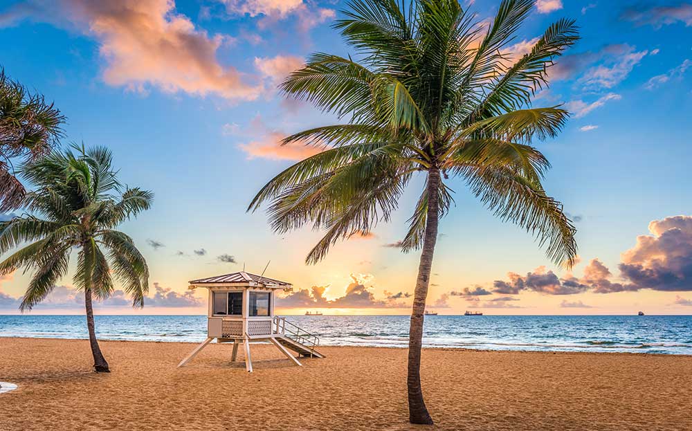 best beaches in florida for families at sunset with 2 palm trees lifeguard stand