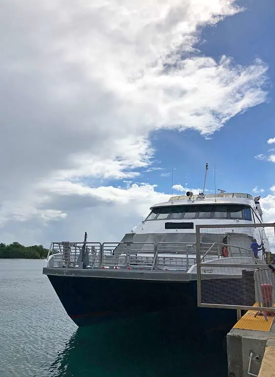 ferry to flamenco beach culebra docked at port on a cloudy day