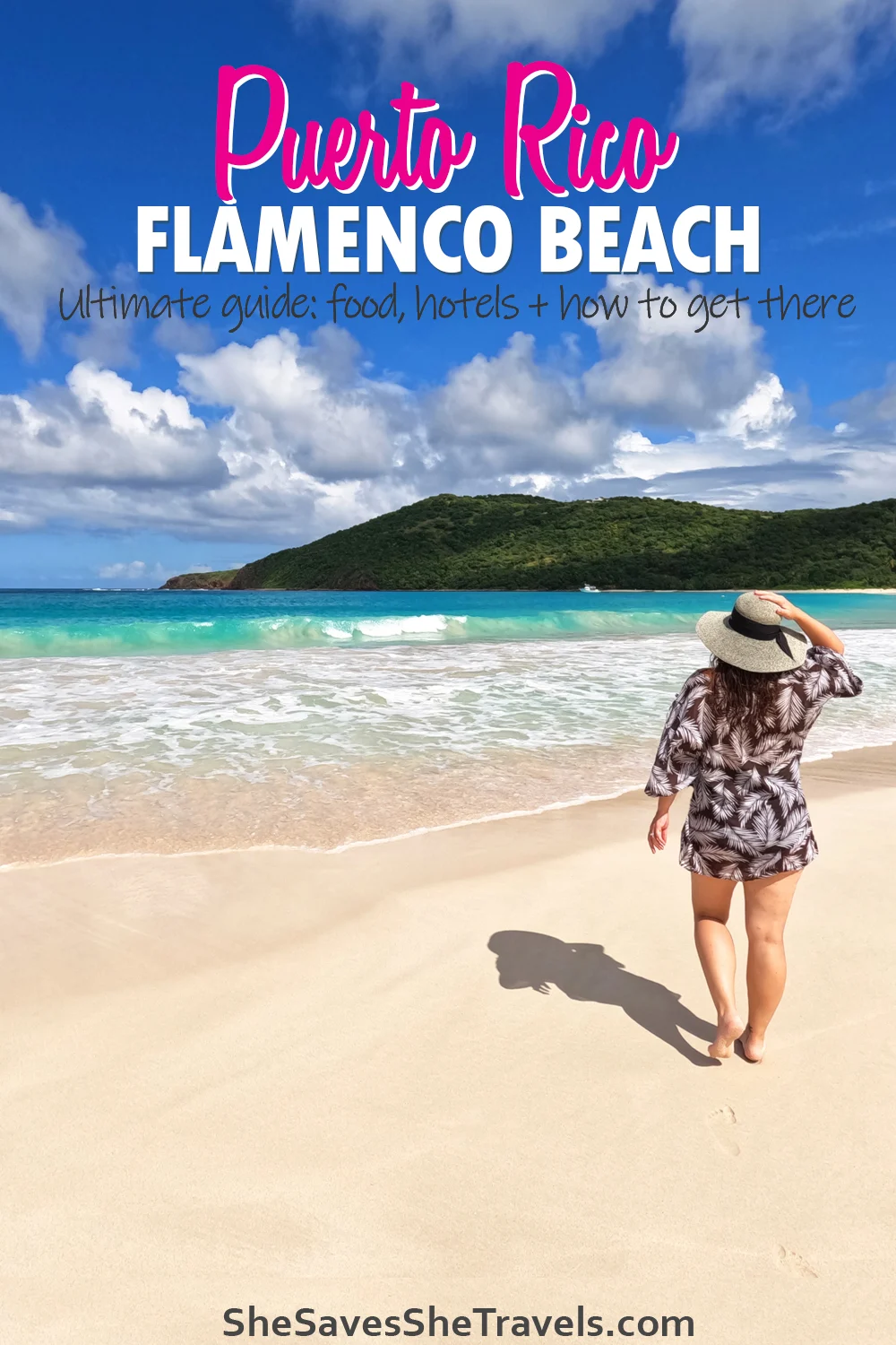 Puerto Rico Flamenco Beach Ultimate guide food hotels and how to get there woman standing on beach