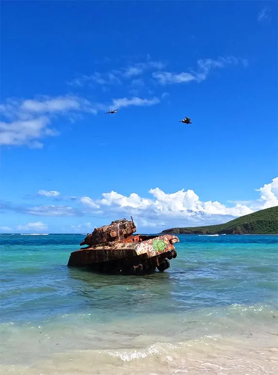 tank in caribbean water at flamenco beach