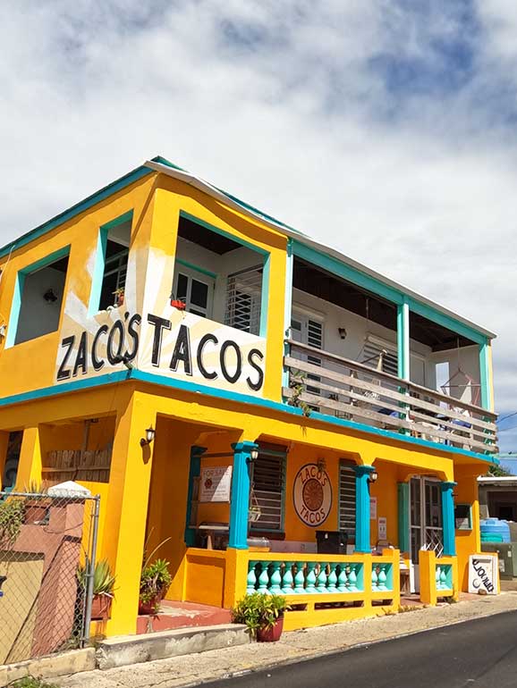 zacos tacos building front yellow with balcony in downtown culebra Puerto Rico 