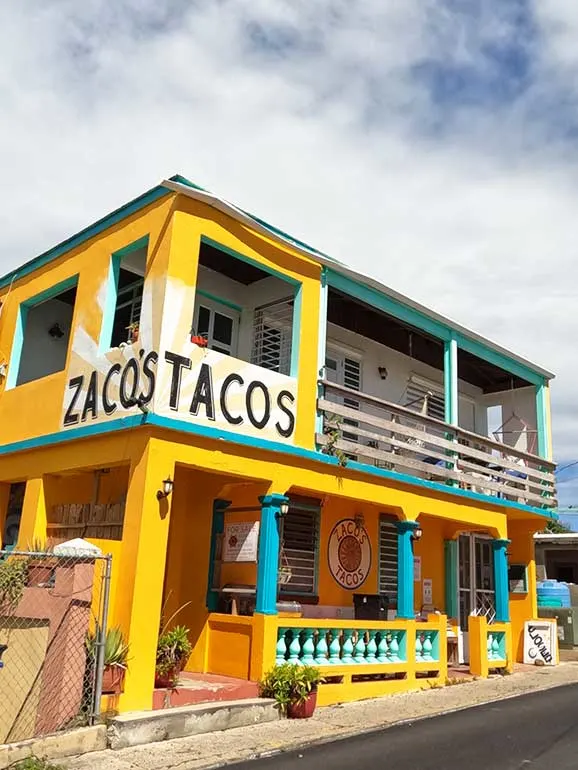 zacos tacos building front yellow with balcony in downtown culebra Puerto Rico 