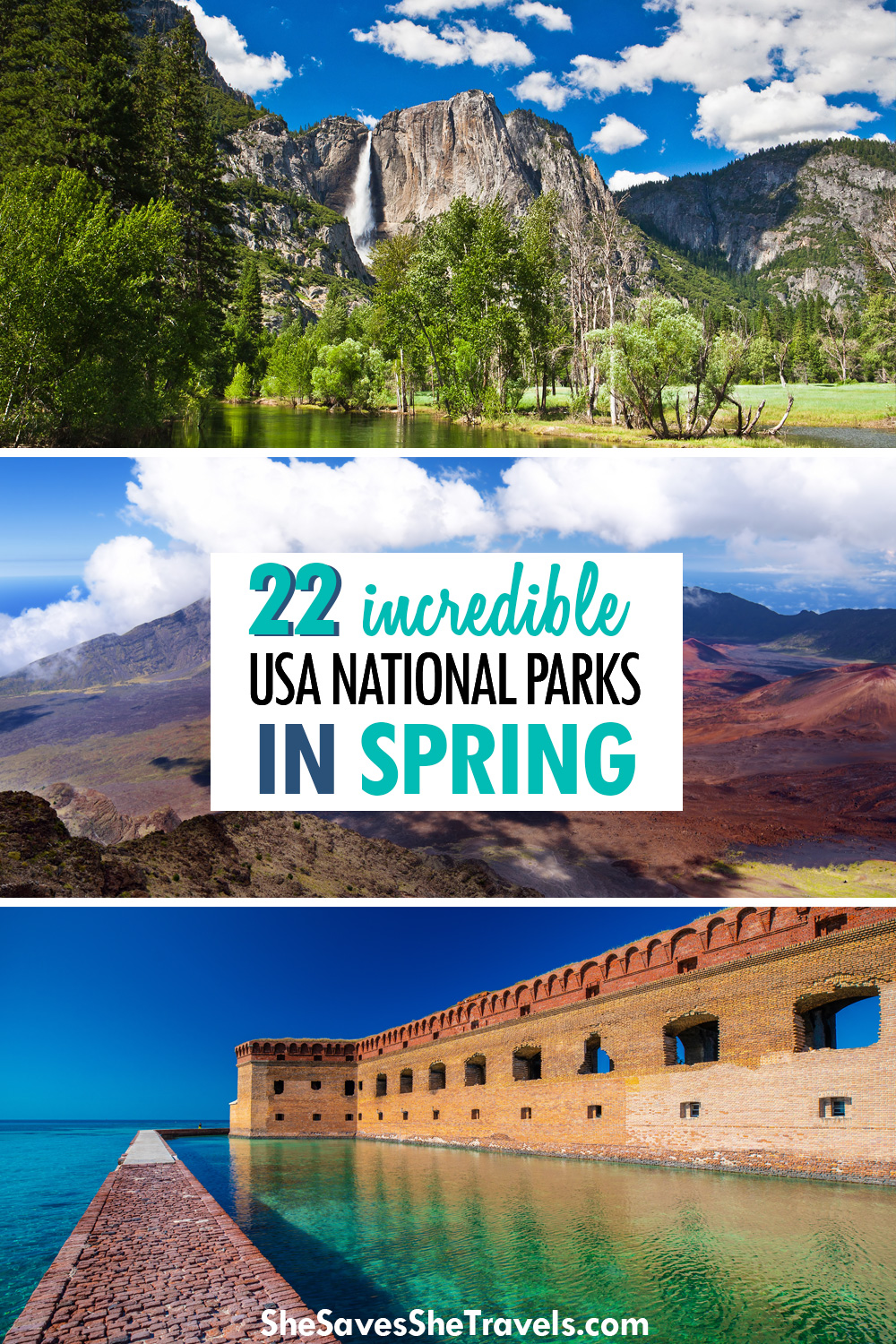 22 incredible usa national parks in spring 3 photos mountains top, crater center, walkway and fort on water on bottom