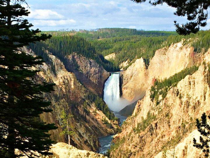 honeymoon destinations usa view of waterfall in Yellowstone rocky cliffs lots of trees