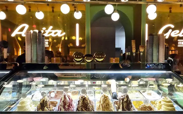 anita gelato view of lights, gelato counter with multiple flavors