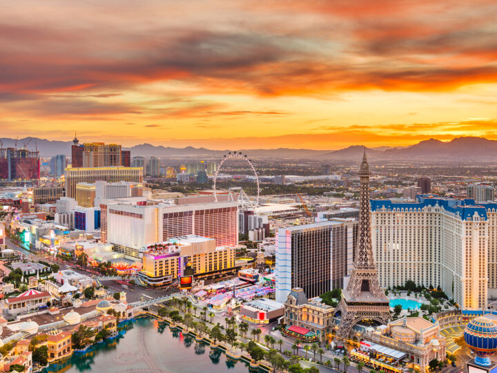 view of Las Vegas skyline from above at sunset