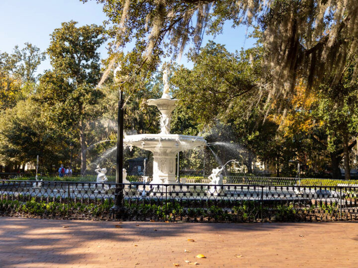 fountain in savannah Georgia with trees surrounding it