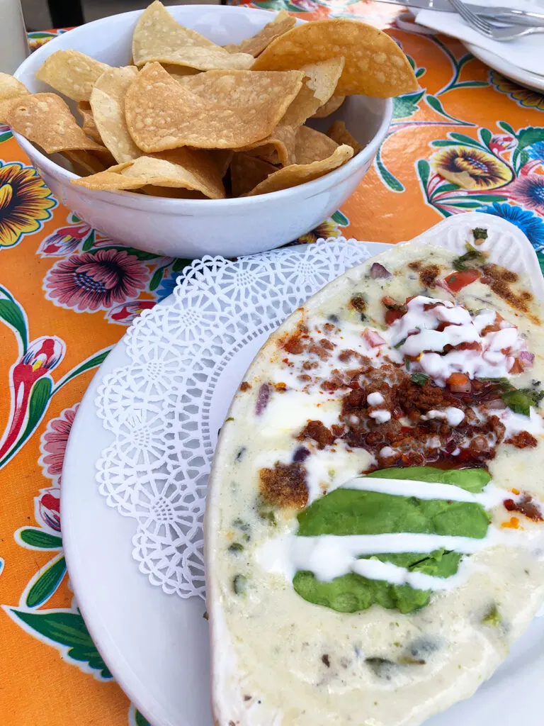 Mexican food phoenix chips, melted cheese with meat on colorful table