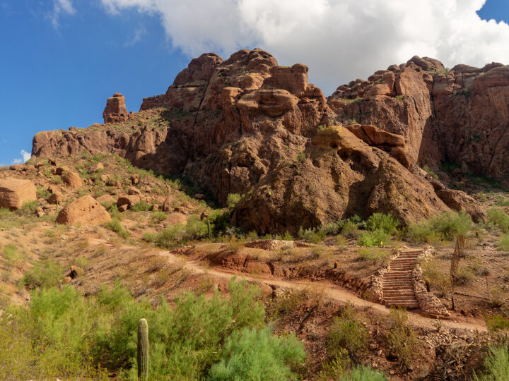 phoenix itinerary - hike camelback Mountain View of rocky mountain trail and steps in the desert