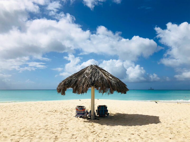 things to do in aruba sit on beach under palm with two chairs on sunny day