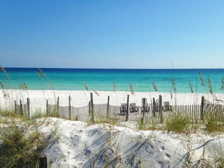 destin vs gulf shores beach with dunes and grasses wooden fence with teal water and blue sky