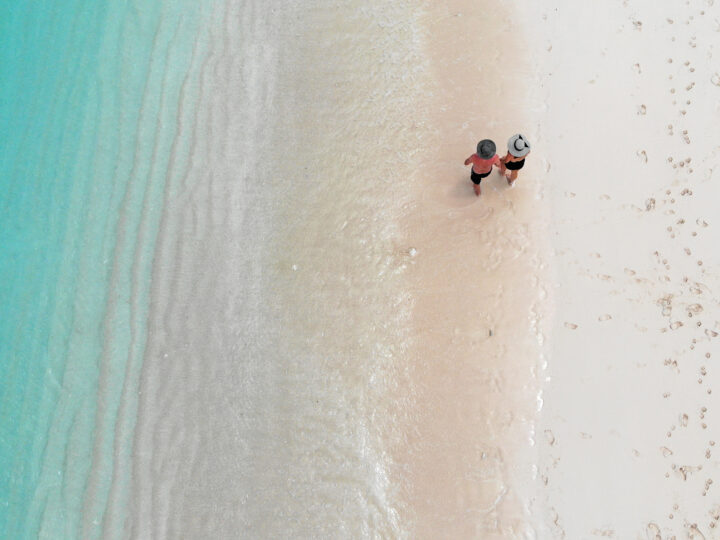 turks and caicos on a budget couple walking on a beach shot from above white sand teal water