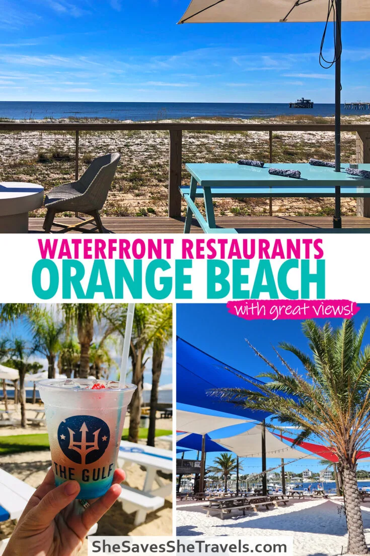text reads waterfront restaurants orange beach with great views photos of table and ocean colorful drink and tables on sand