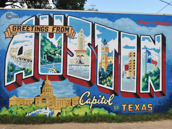 weekend in Austin greetings from Austin mural with local sights painted