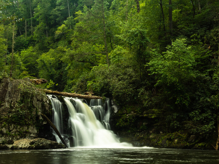 adventure vacations in the US: view of waterfall with green trees behind and white flowing water