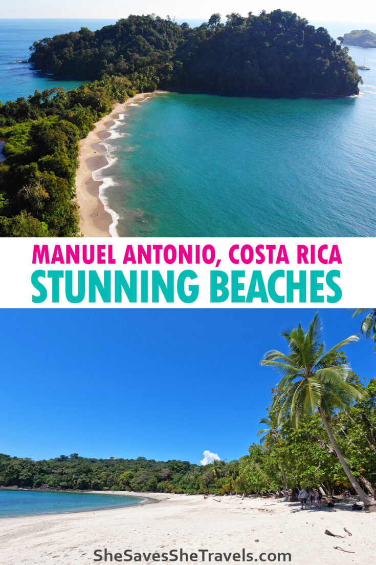 text-manuel Antonio Costa Rica stunning beaches pictures-beach with blue water and trees from the air on top, bottom photo is white sand palm tree and blue sky