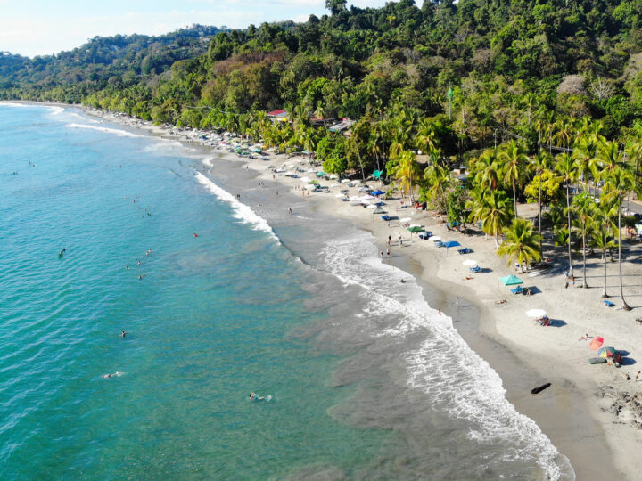 beaches in Manuel Antonio aerial view palm trees, teal water, gray sand