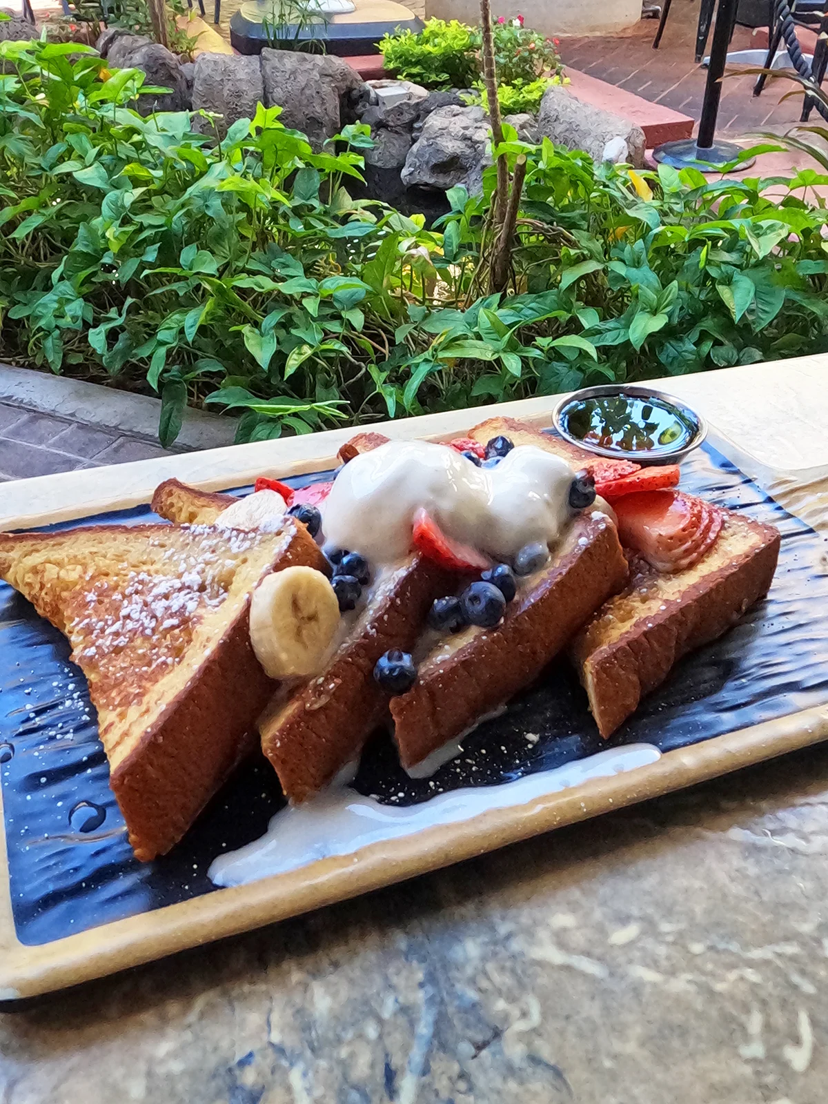 French toast with fruit and ice cream with plants in background