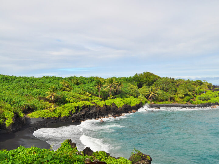kids activities in maui black sand beach with greenery surrounding and blue ocean water