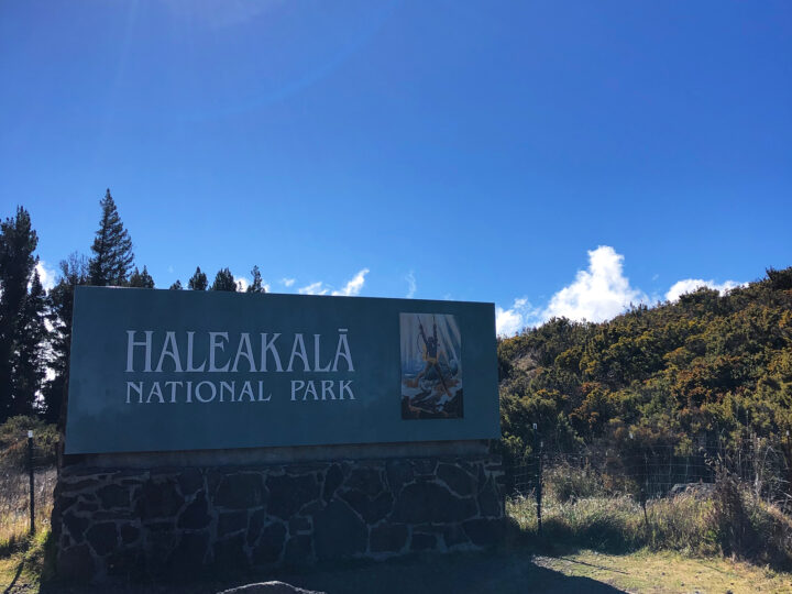 photo of Haleakala national park sign on sunny day with blue sky and trees surrounding it