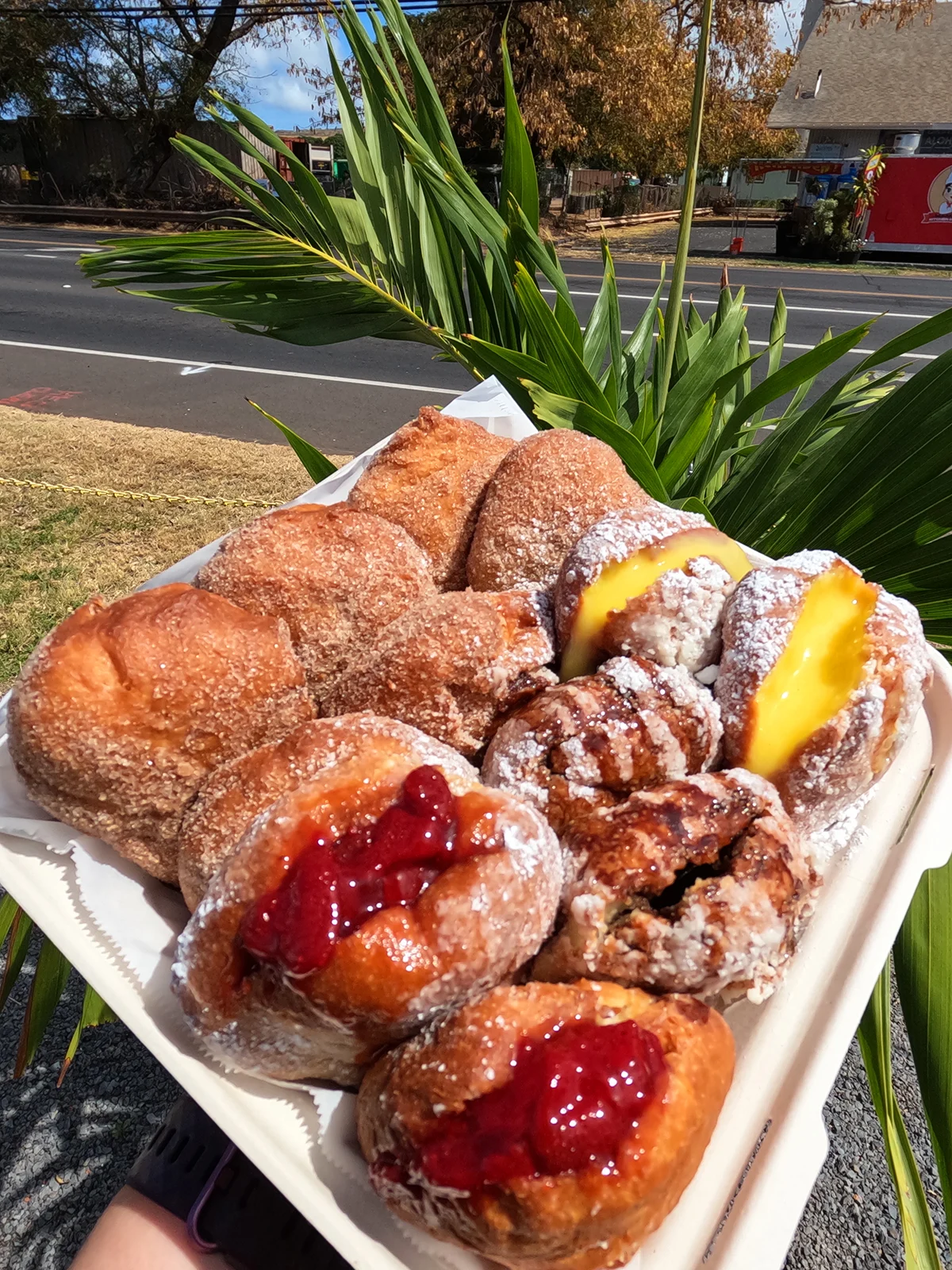 box of malasadas with fruit or sugar trees and road in background