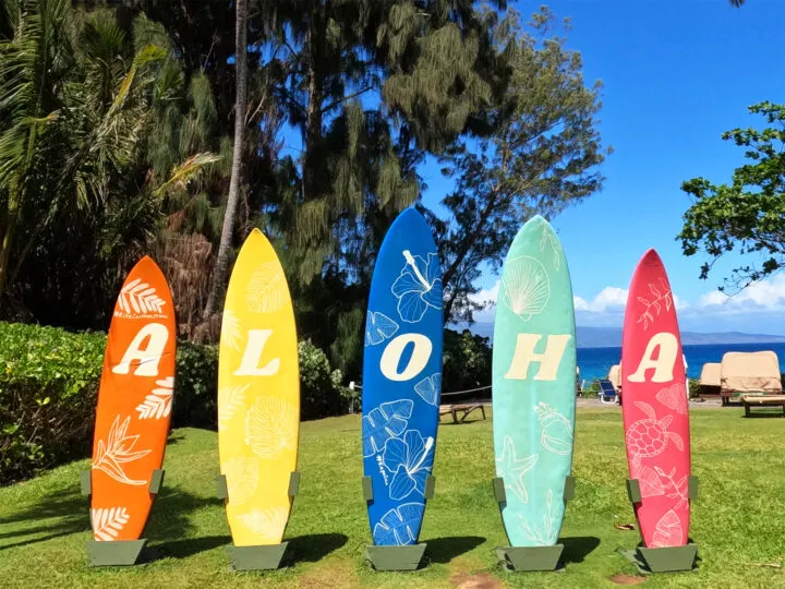 what to pack for Hawaii surfboards spelling aloha with trees in background
