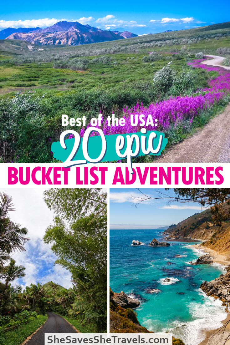 best of the USA 20 epic bucket list adventures mountain scene with flowers road through jungle and coast with teal water
