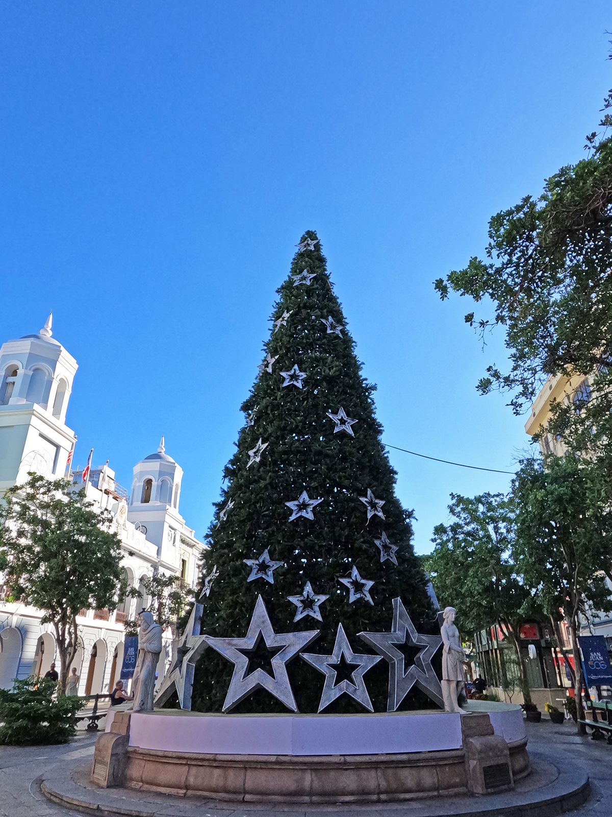 tropical Christmas Puerto Rico Christmas tree with stars and old San Juan in background