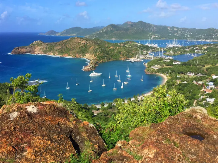 view of Antigua at Christmas ocean with harbor at island and boats