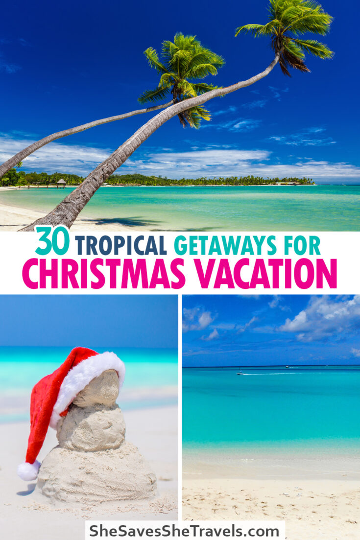 30 tropical getaways for Christmas vacation photos of palm trees, sand Santa with hat and beach