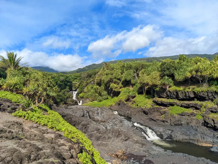 tropical Christmas getaway view of waterfalls black rock and palm trees in Maui