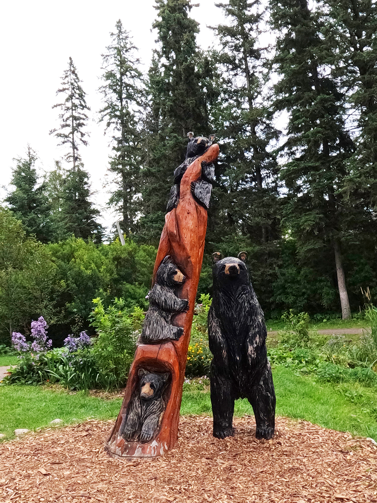 bear carved statue in wood setting