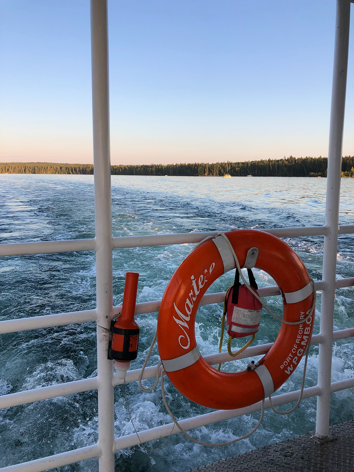 life preserver on boat with water and trees in distance